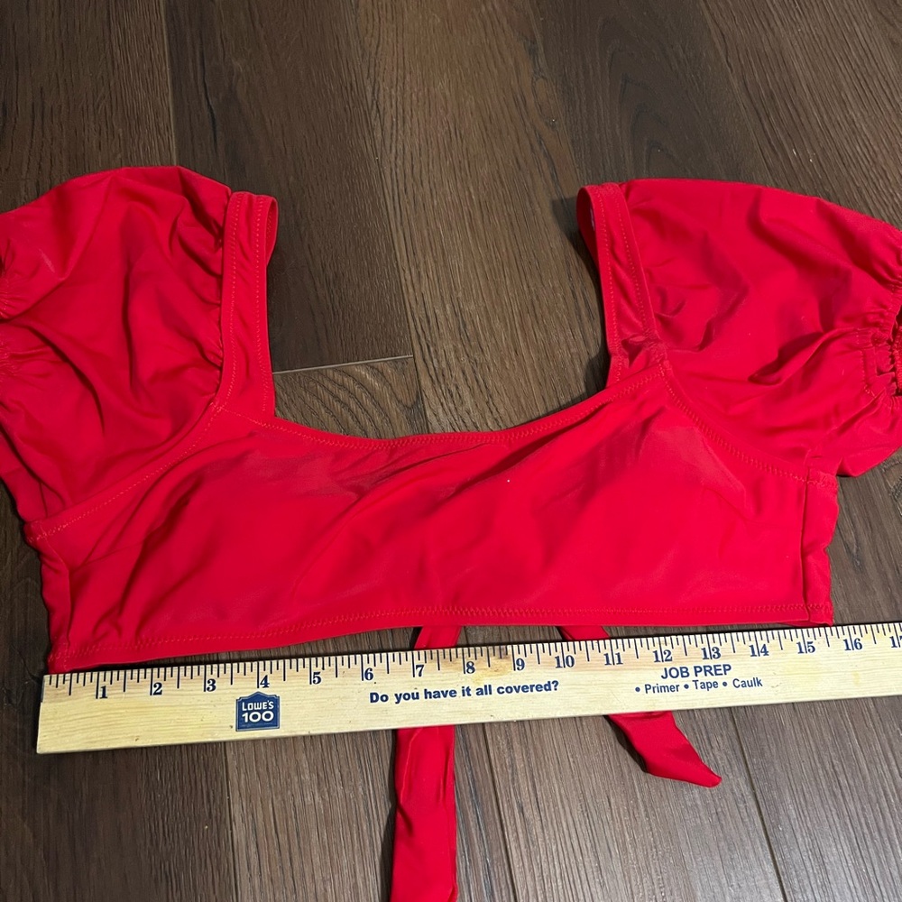 NWOT Red bikini top Square Neck Puff Sleeves Adjustable tie back bathing suit